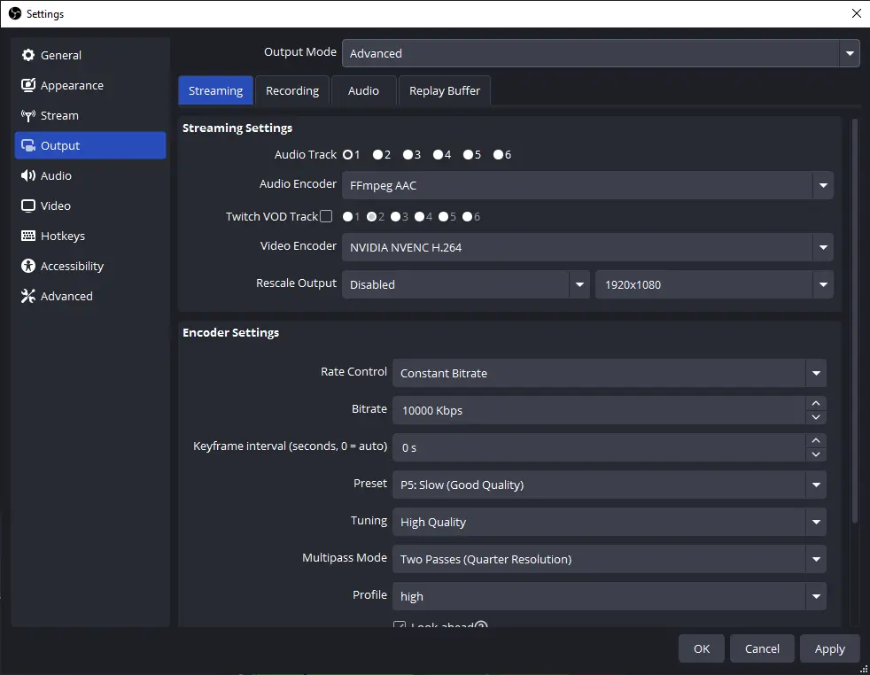 OBS Advanced Output Bitrate Settings