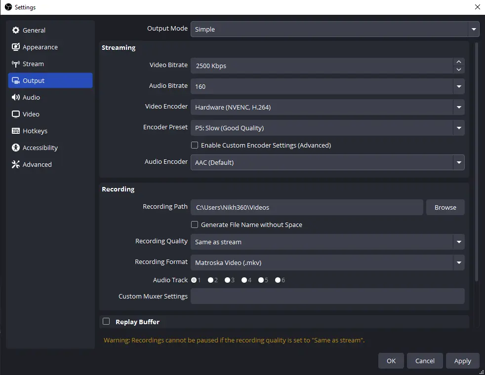 OBS Simple Output Settings